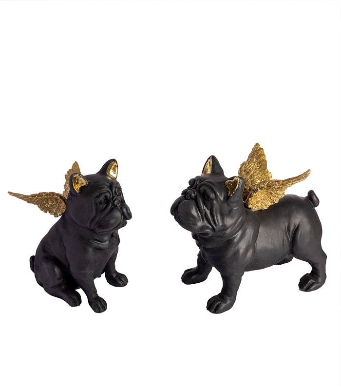 Bull Dog Angel Sculpture Set - Black